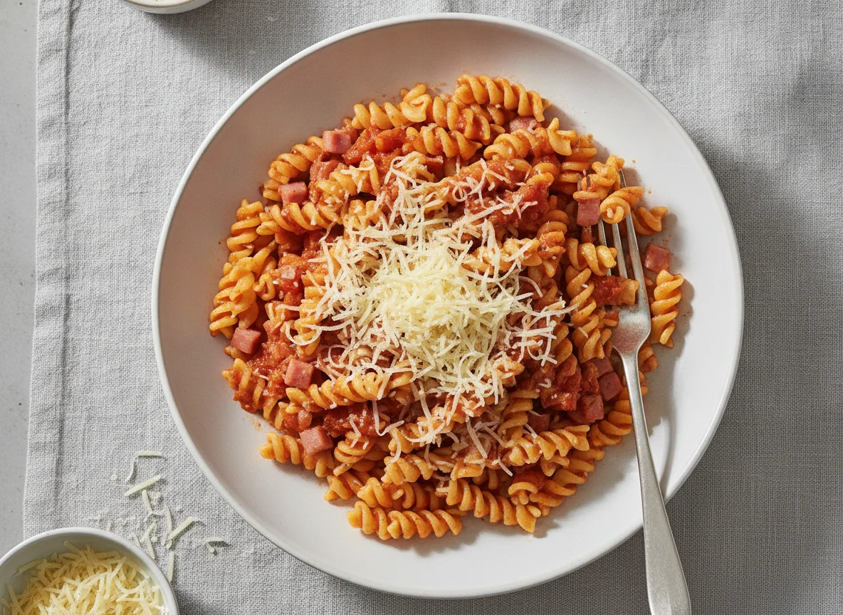 Fusilli mit Tomatensauce, Schinken und Käse photo