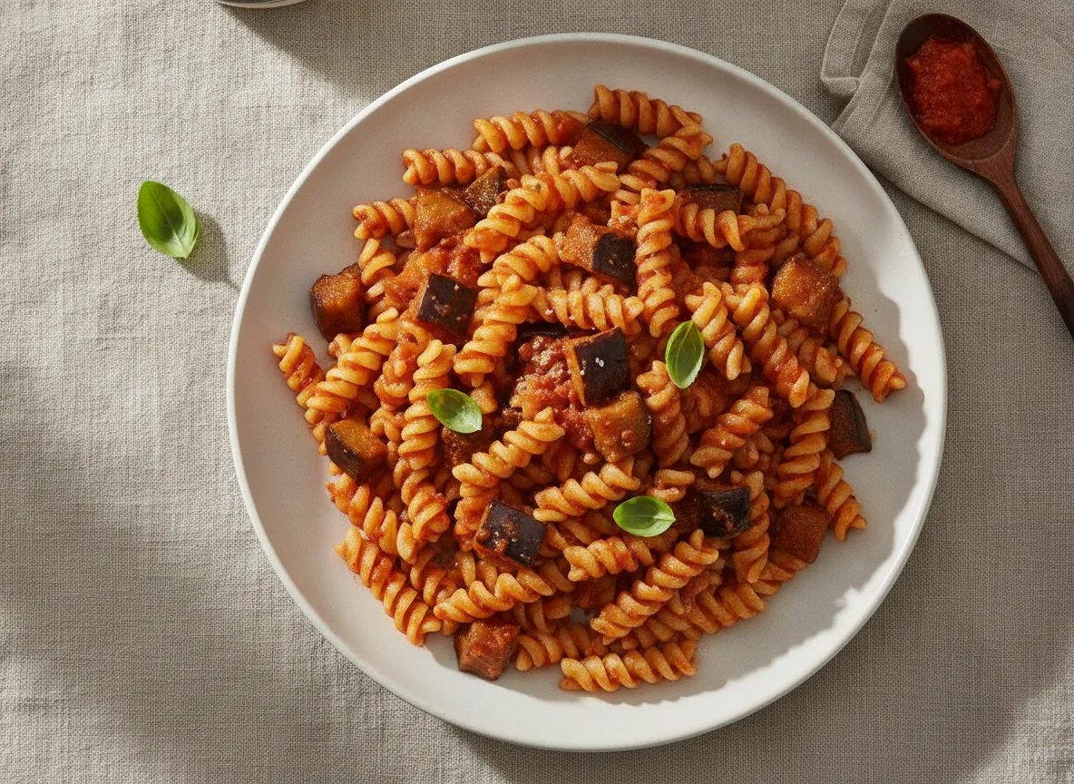 Fusilli mit Tomatensauce und Auberginen photo
