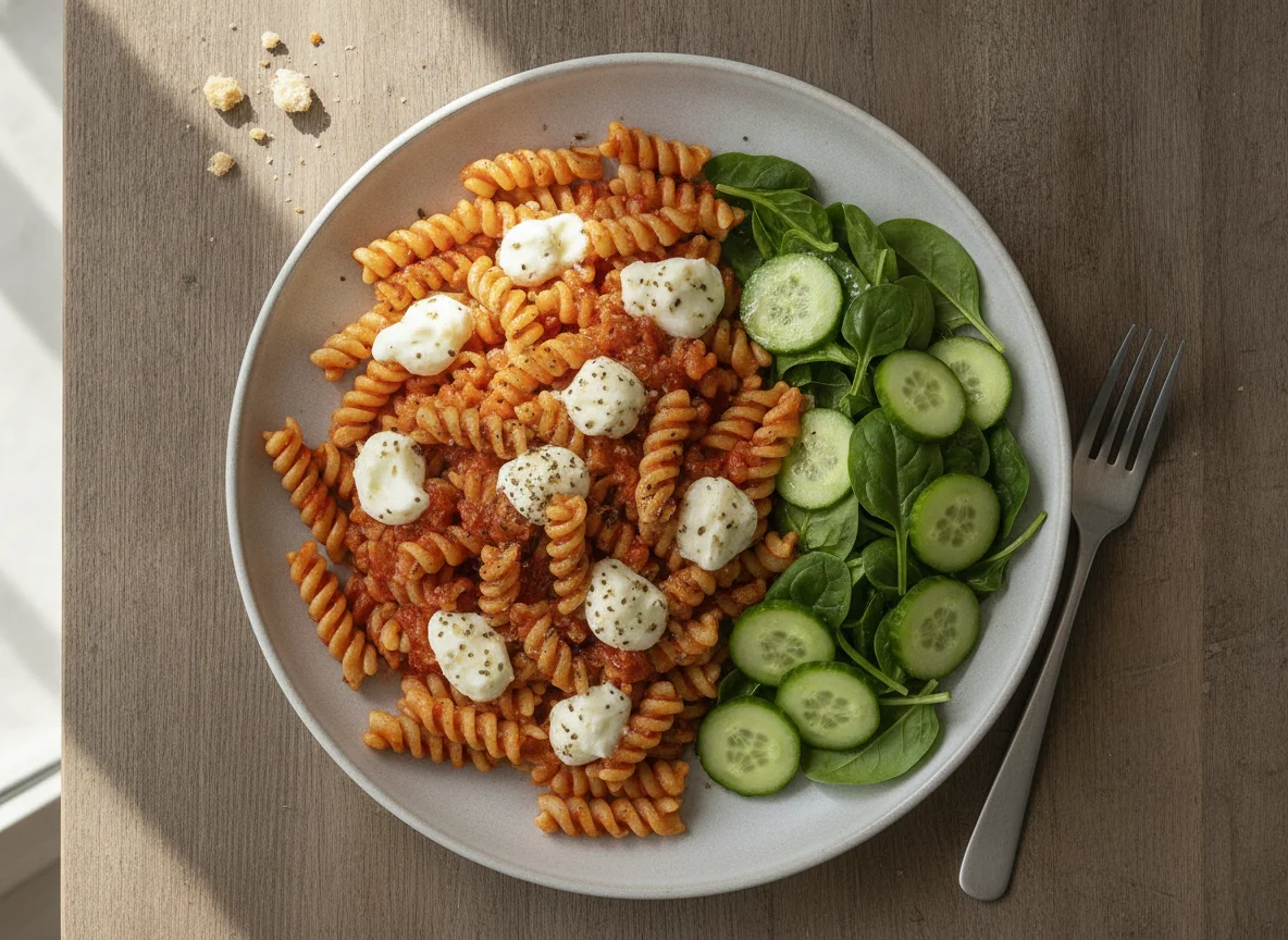 Fusilli mit Tomatensauce und Beilagensalat photo