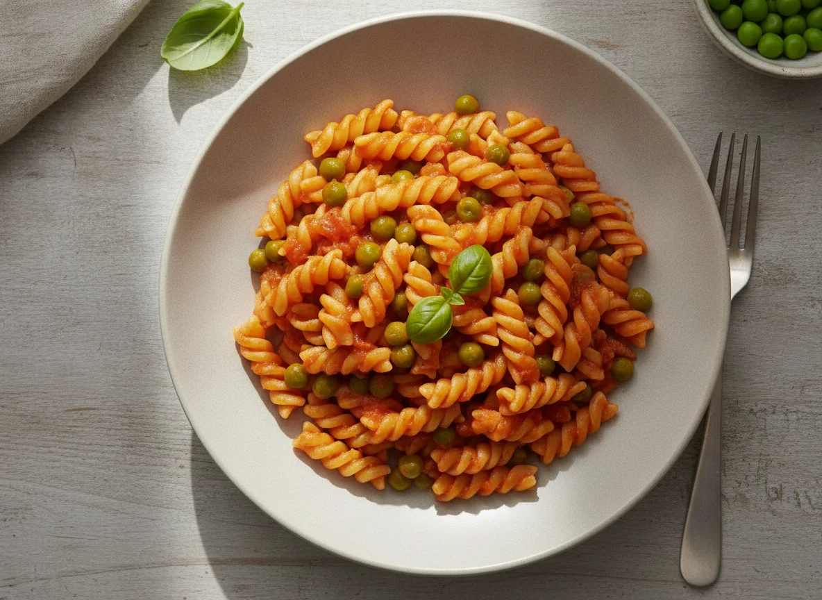 Fusilli mit Tomatensauce und Erbsen photo