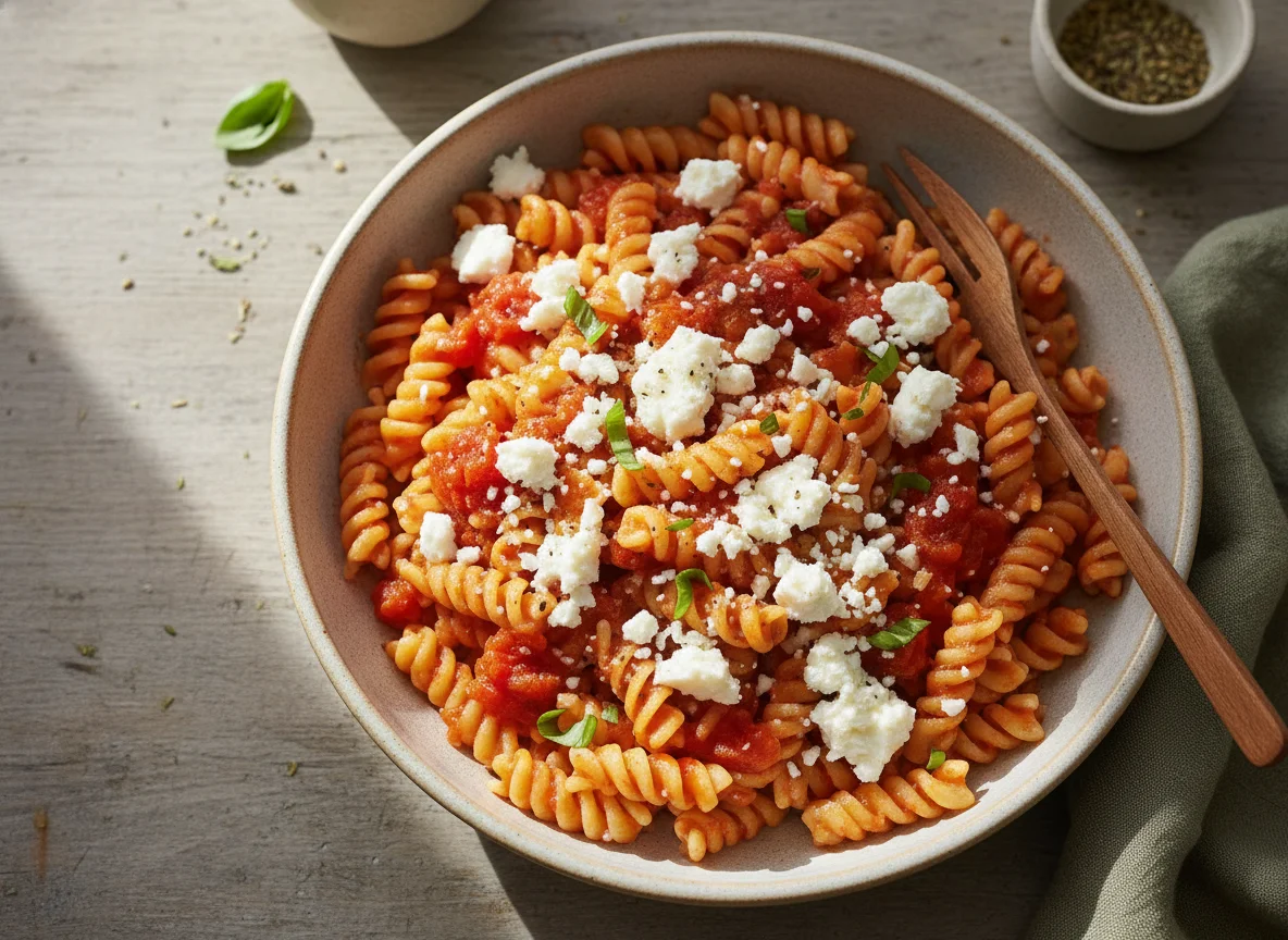 Fusilli mit Tomatensauce und Feta photo