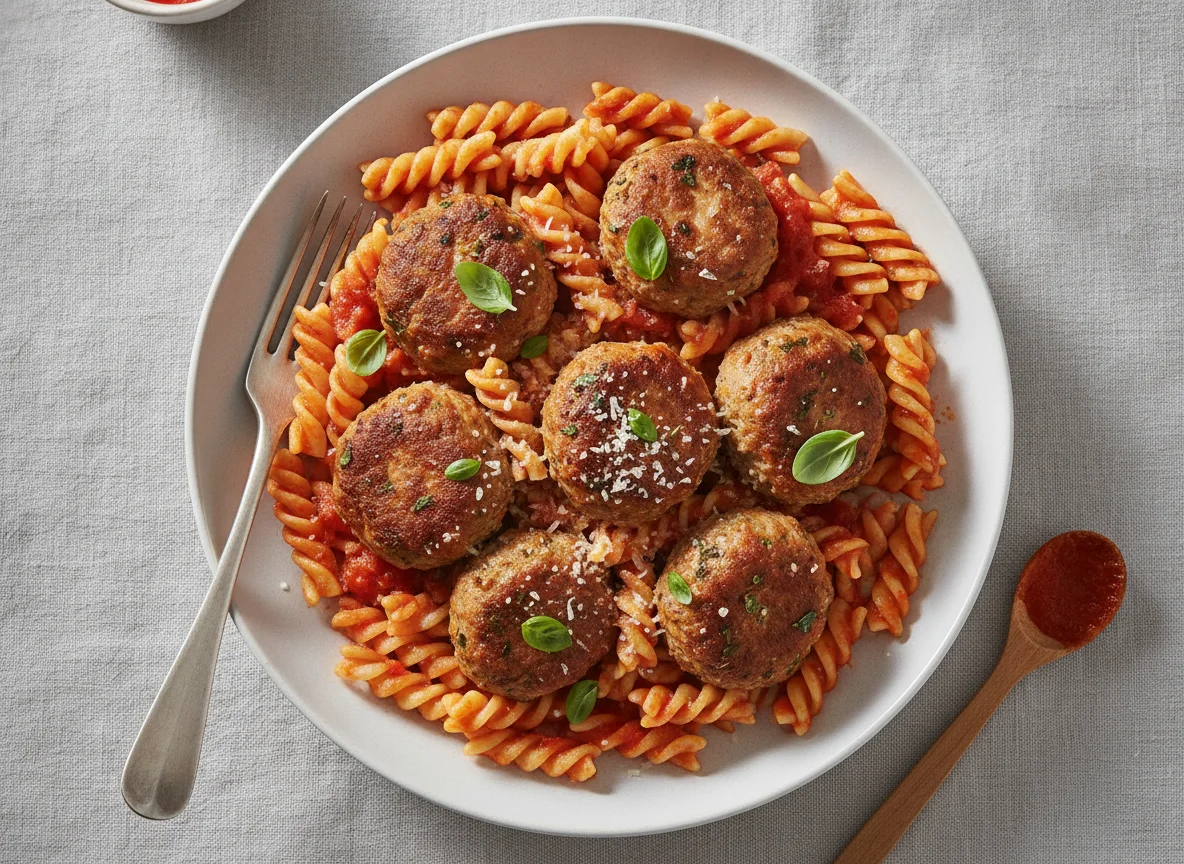 Fusilli mit Tomatensauce und Fleischbällchen photo