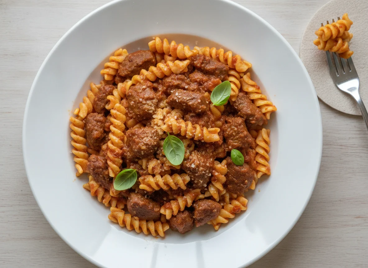 Fusilli mit Tomatensauce und Fleischstücken photo