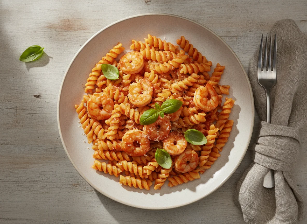 Fusilli mit Tomatensauce und Garnelen photo