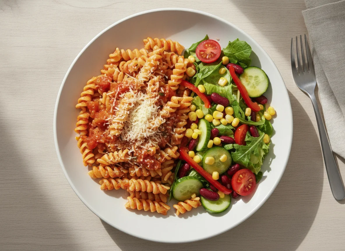 Fusilli mit Tomatensauce und gemischtem Salat photo
