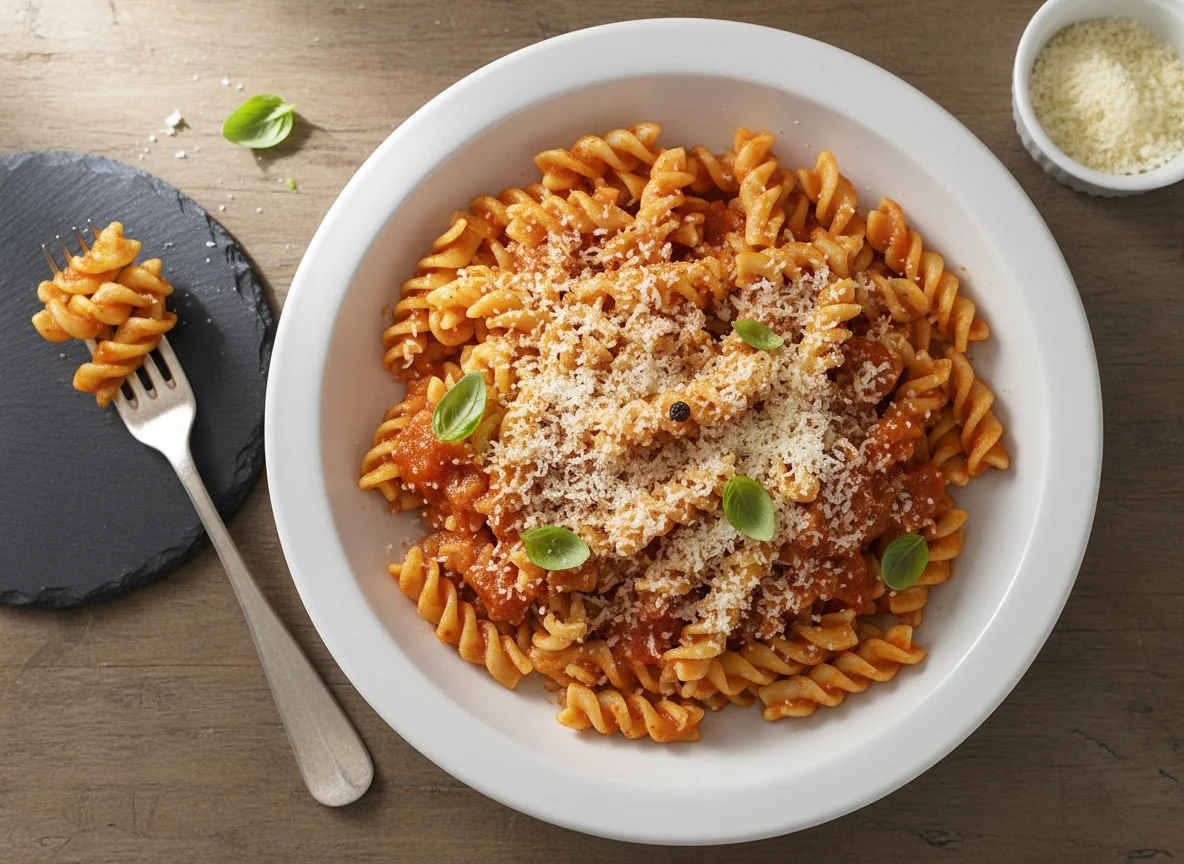 Fusilli mit Tomatensauce und geriebenem Käse photo