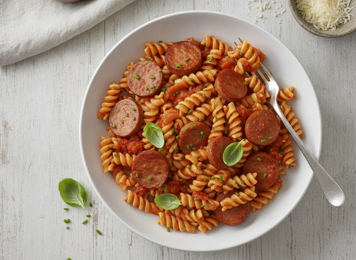 Fusilli mit Tomatensauce und Jagdwurst photo