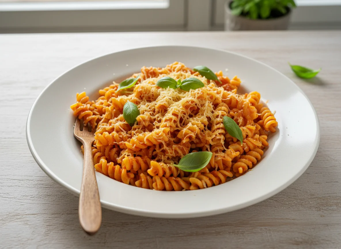 Fusilli mit Tomatensauce und Käse photo