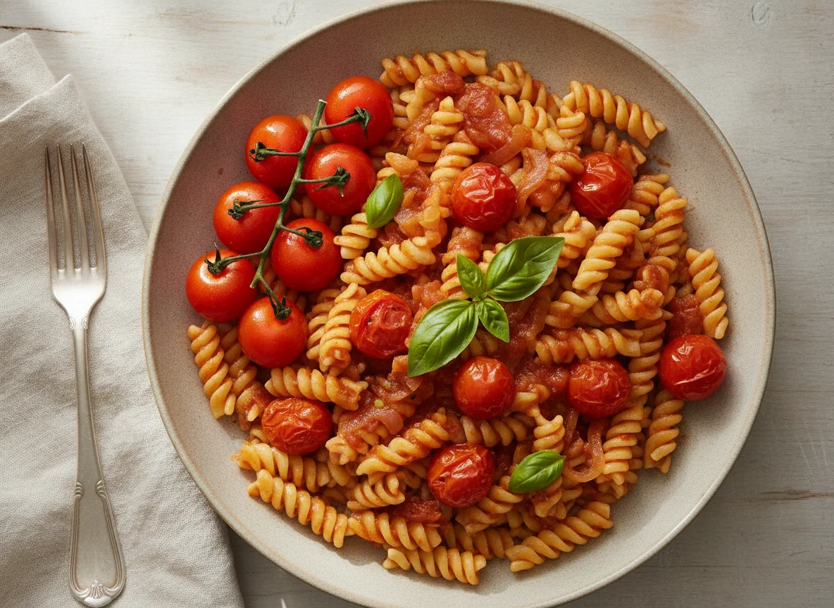 Fusilli mit Tomatensauce und Kirschtomaten photo