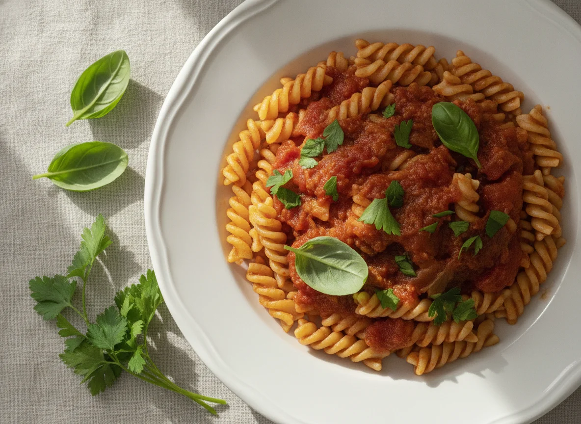 Fusilli mit Tomatensauce und Kräutern photo