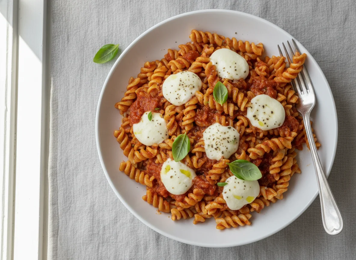 Fusilli mit Tomatensauce und Mozzarella photo