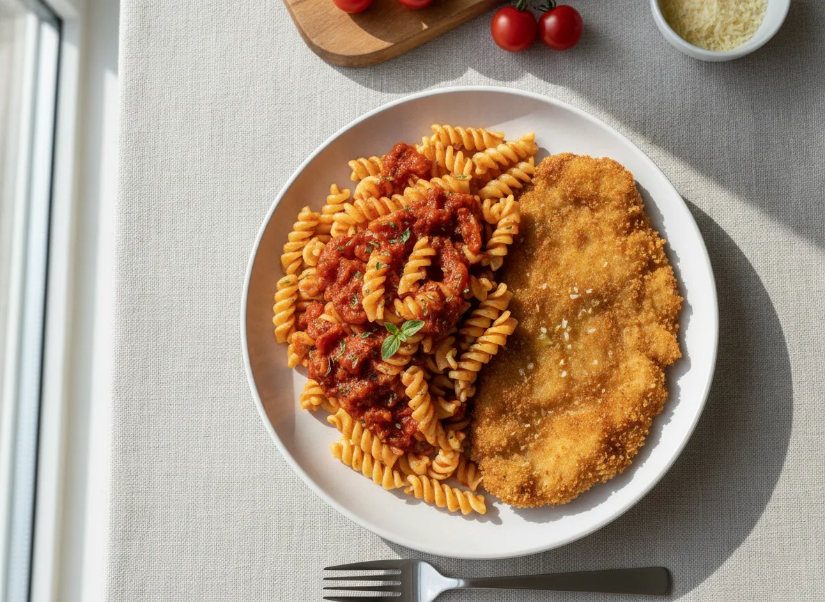 Fusilli mit Tomatensauce und paniertem Schnitzel photo