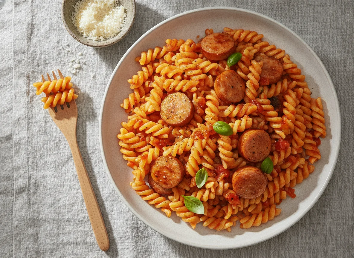 Fusilli mit Tomatensauce und Wiener Würstchen photo