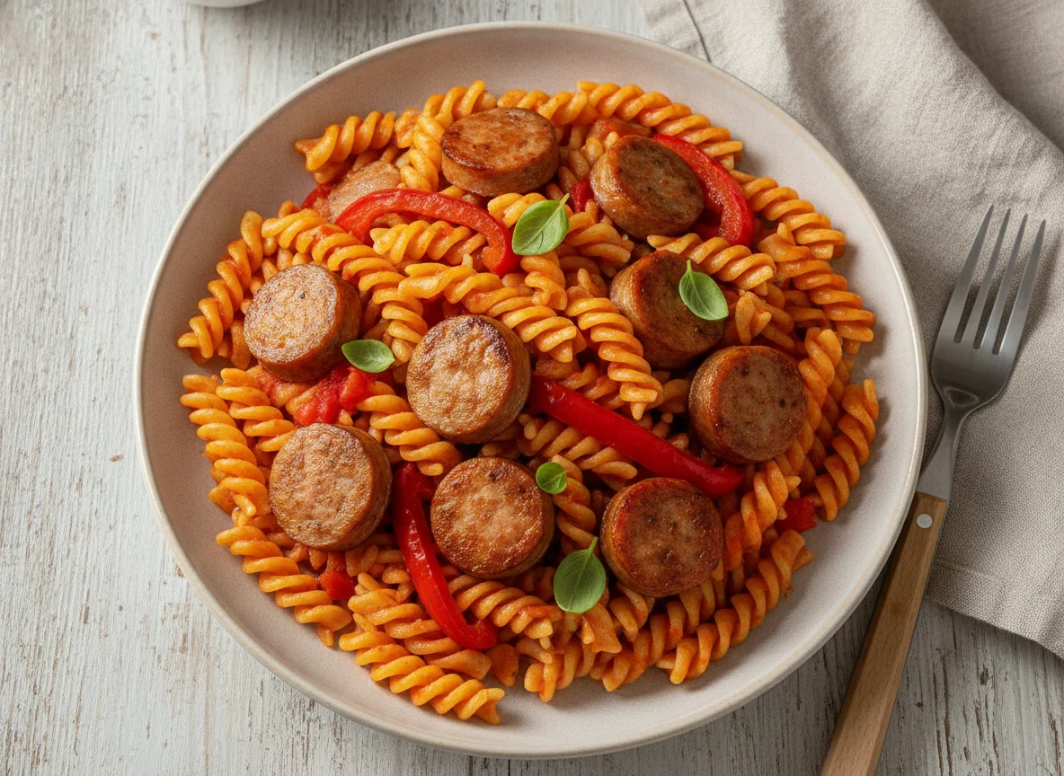 Fusilli mit Tomatensauce und Wurst photo
