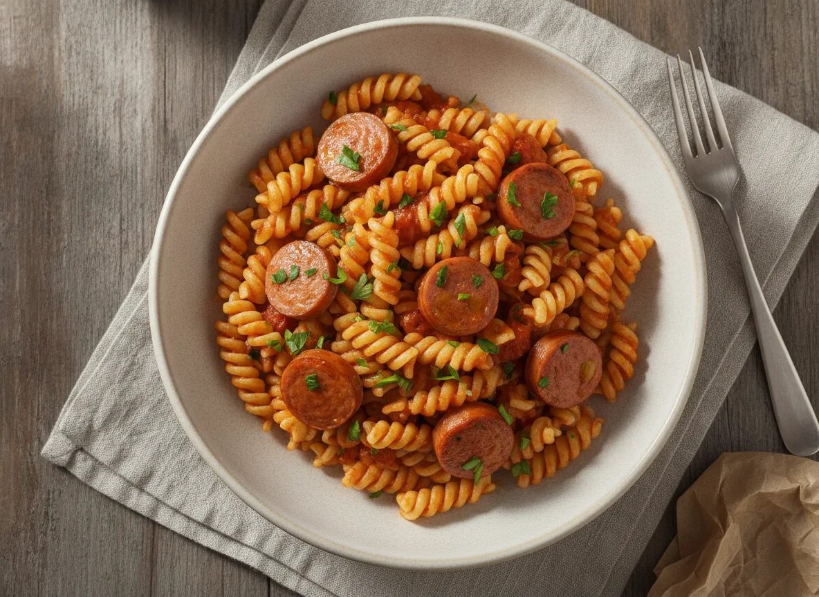Fusilli mit Tomatensauce und Würstchen photo