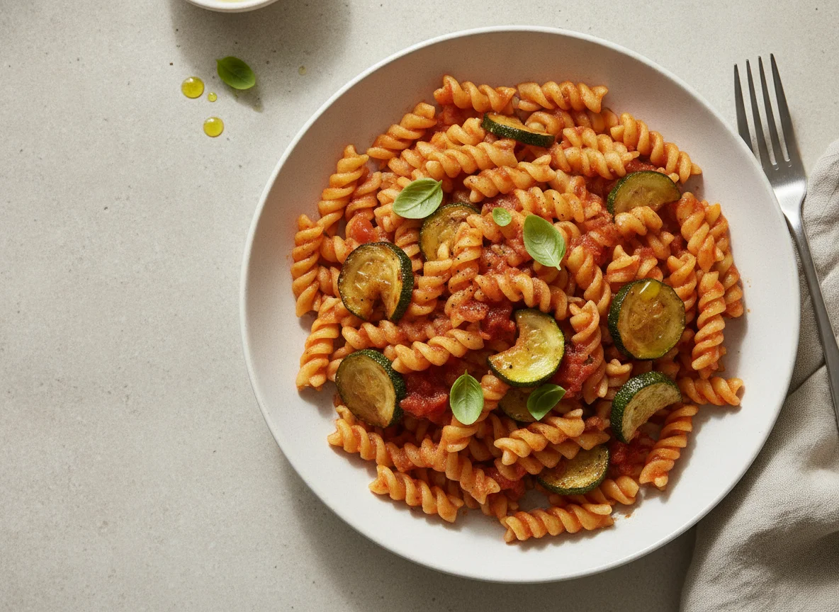 Fusilli mit Tomatensauce und Zucchini photo