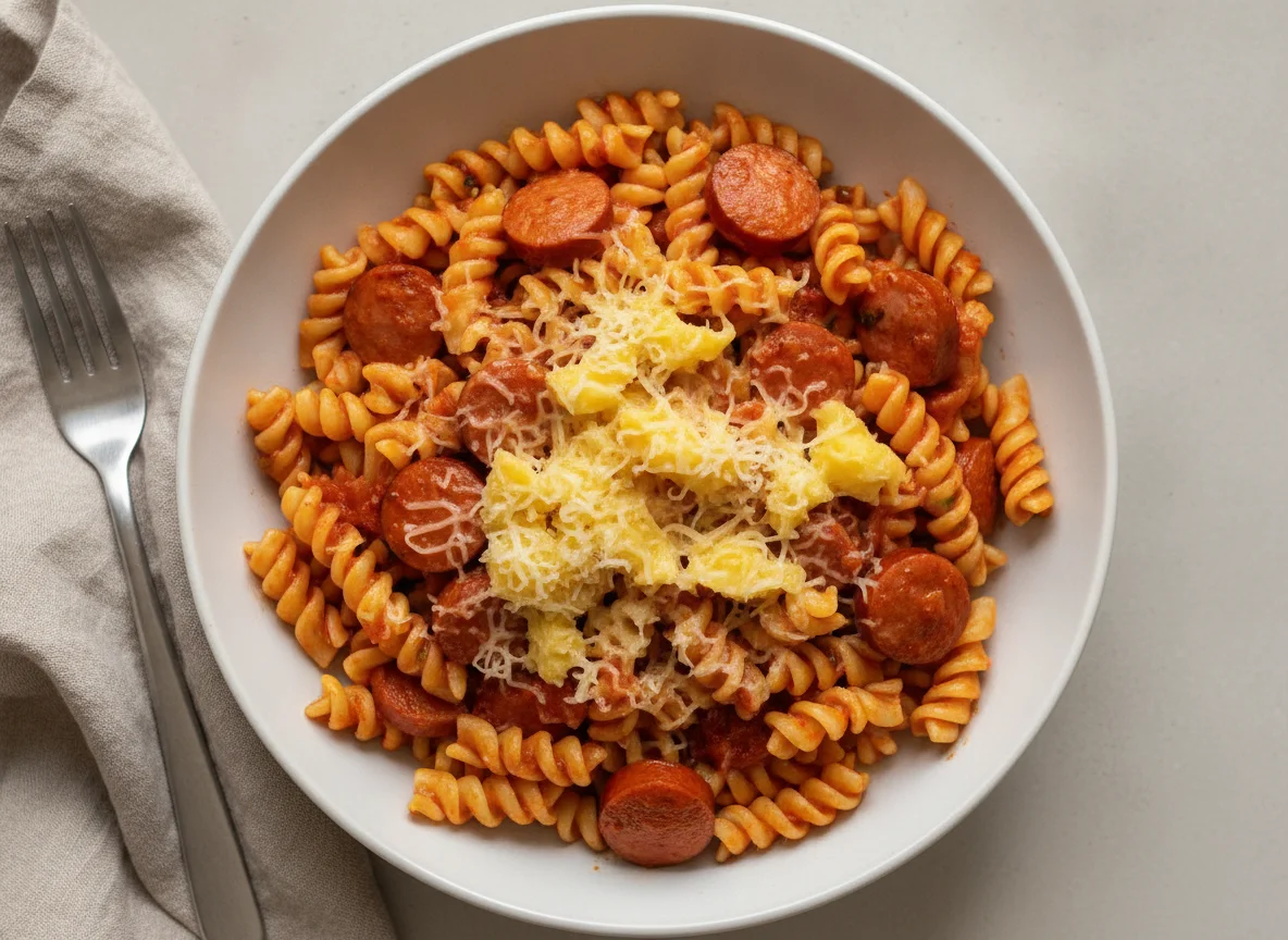 Fusilli mit Tomatensauce, Würstchen und geriebenem Käse photo
