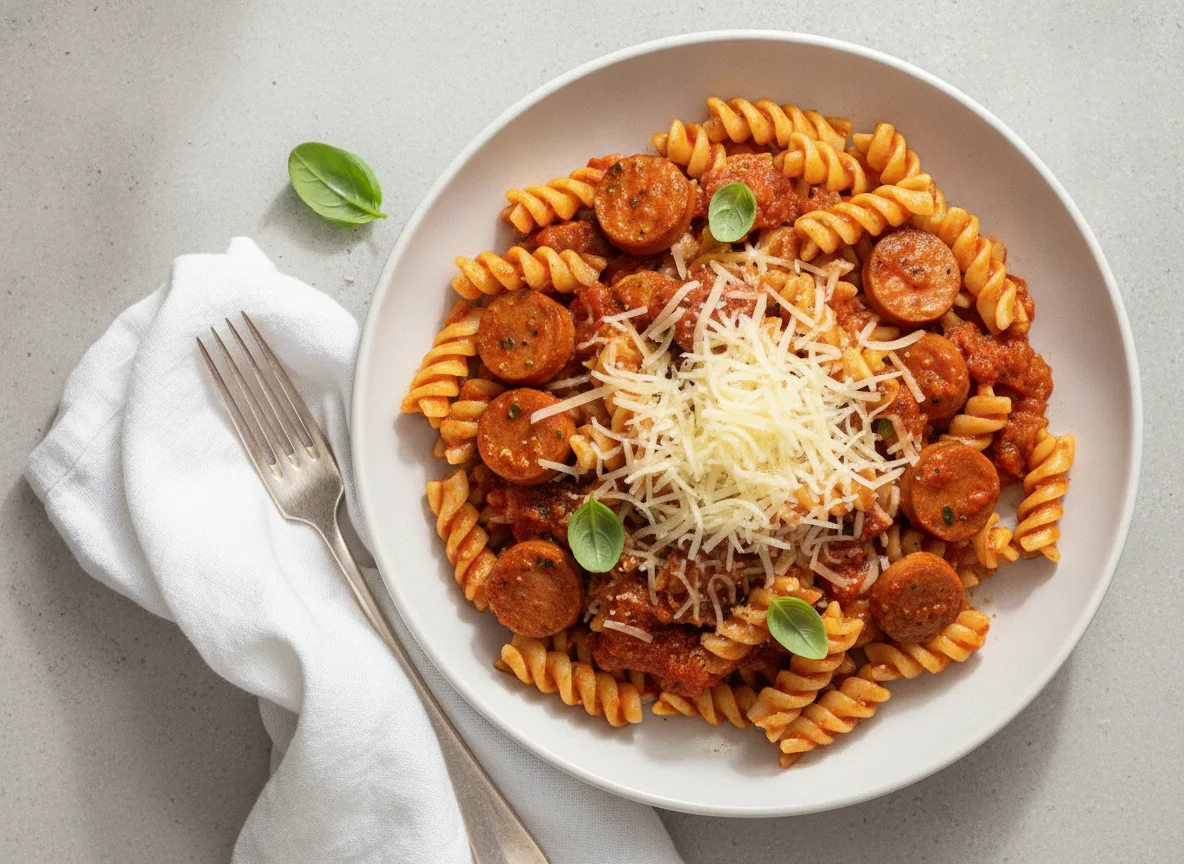 Fusilli mit Tomatensauce, Würstchen und Käse photo