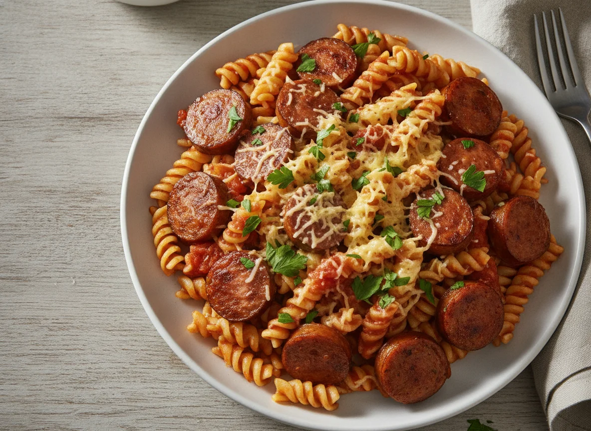 Fusilli mit Tomatensauce, Wurststücken und Käse photo