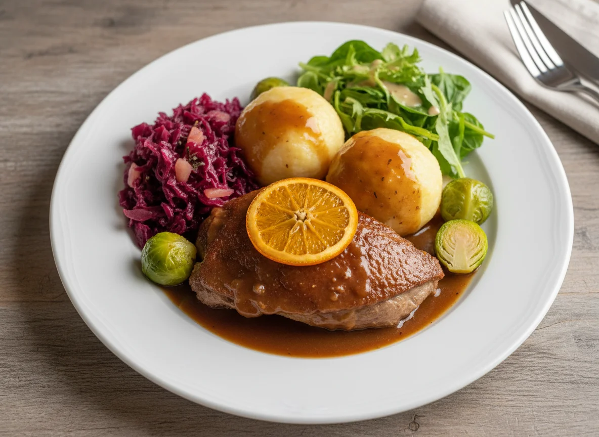 Gänsebraten mit Klößen und Rotkohl photo
