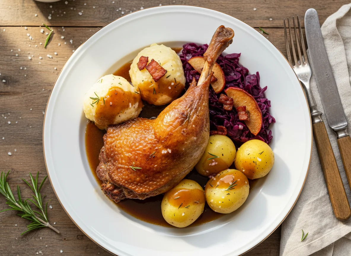 Gänsebraten mit Rotkohl, Klößen und Kartoffeln photo