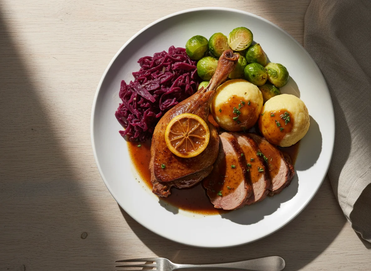 Gänsebraten mit Rotkohl, Rosenkohl, Klößen und Soße photo