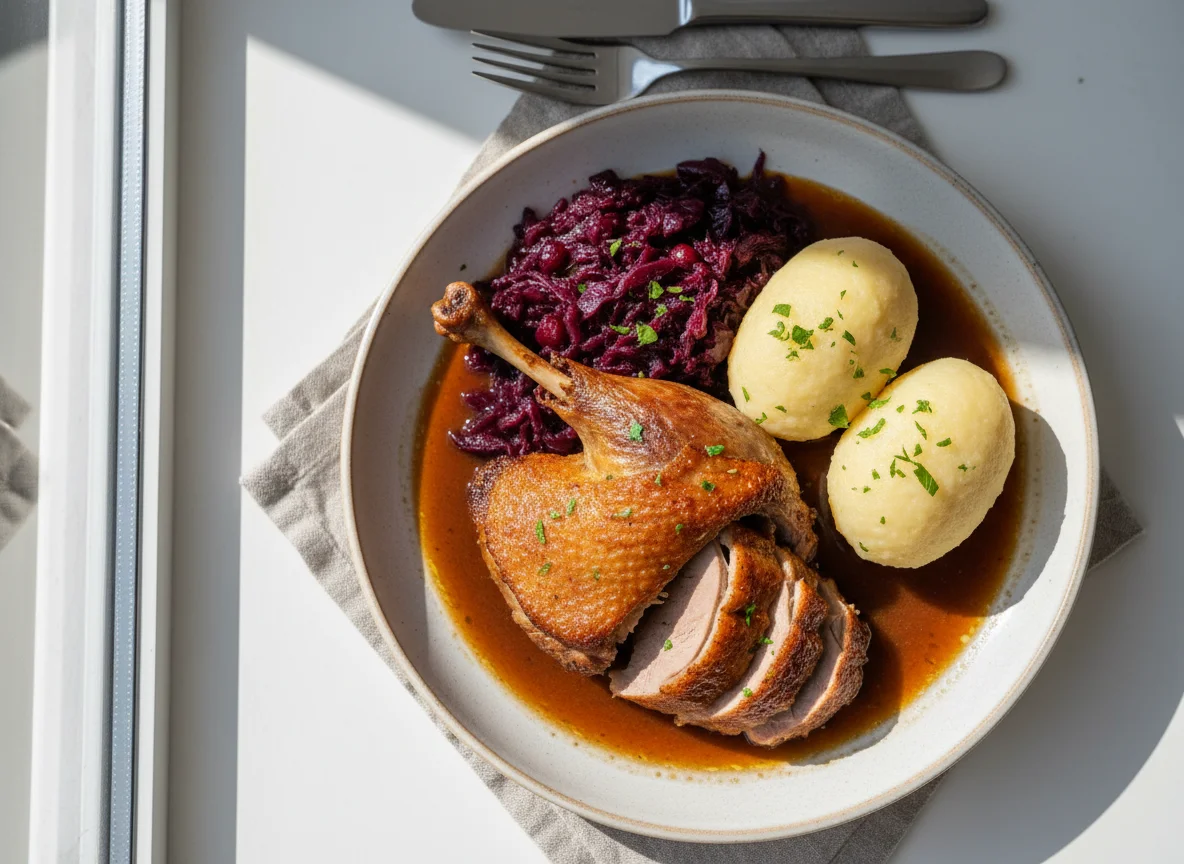 Gänsebraten mit Rotkohl und Kartoffelknödel photo