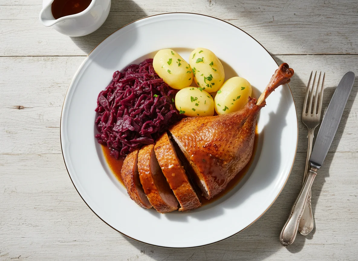 Gänsebraten mit Rotkohl und Kartoffeln photo