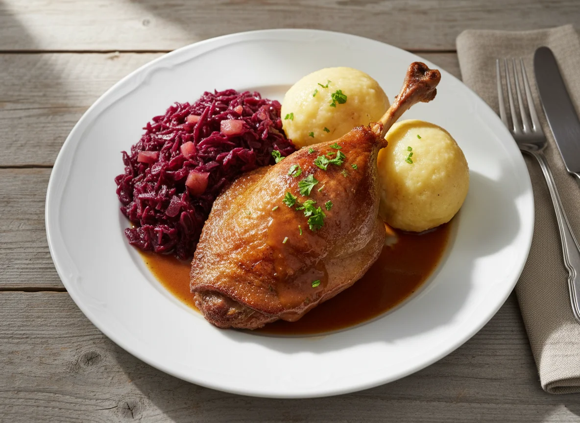 Gänsebraten mit Rotkohl und Klößen photo