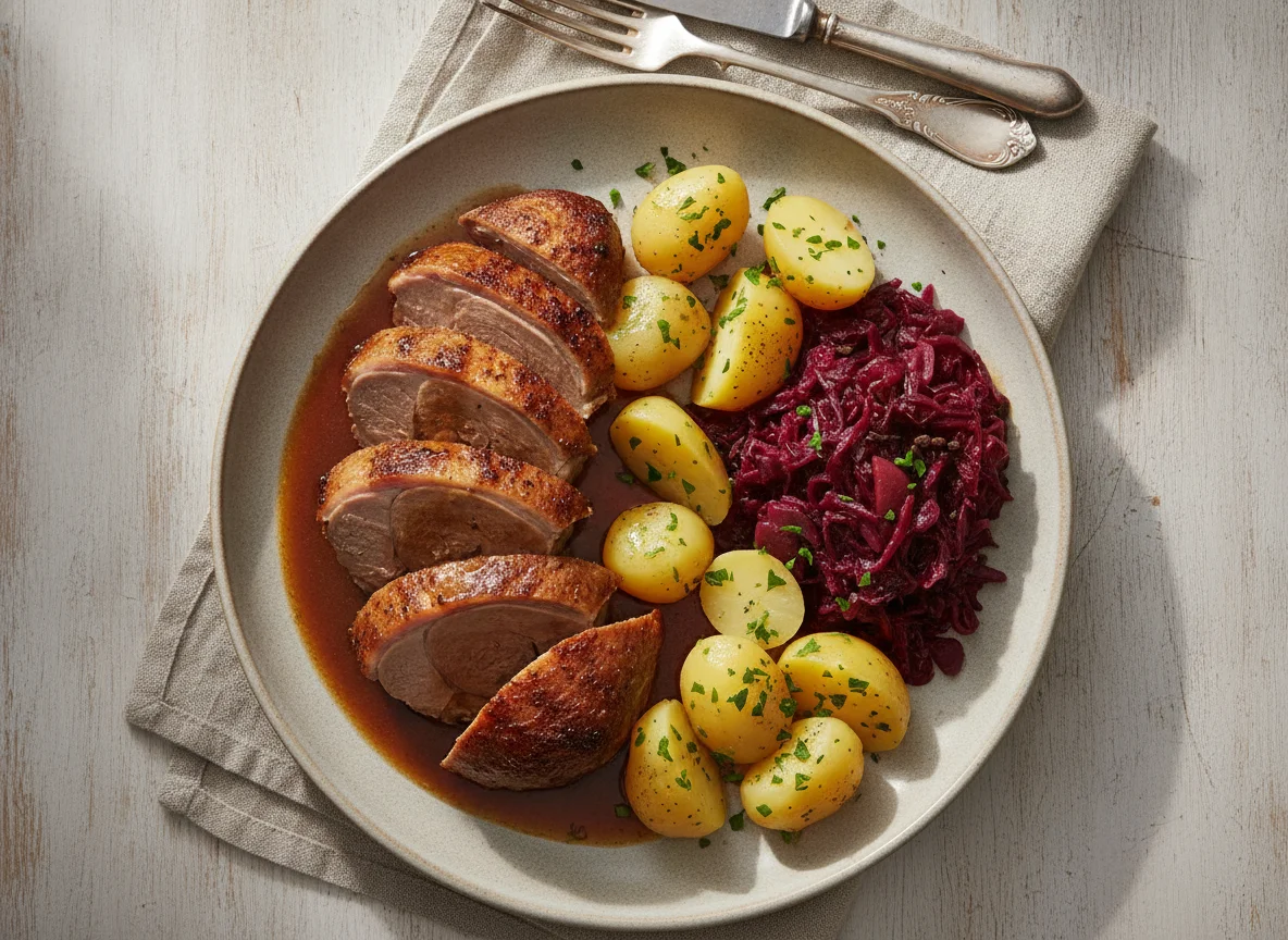 Gänsebraten mit Rotkohl und Salzkartoffeln photo
