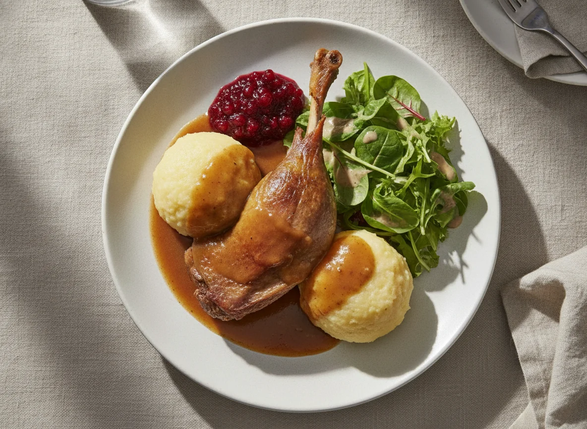 Gänsekeule mit Klößen, Soße und Preiselbeeren photo