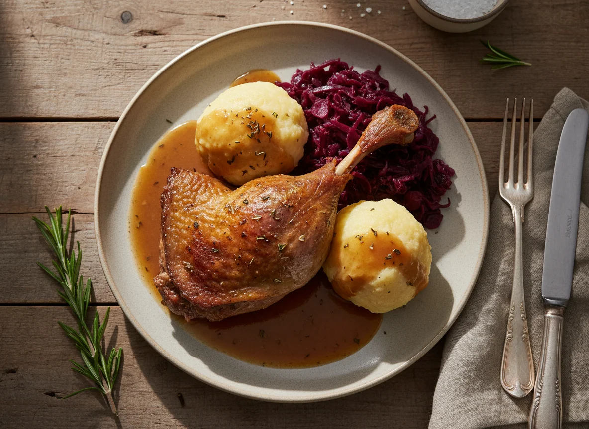 Gänsekeule mit Klößen und Rotkohl photo