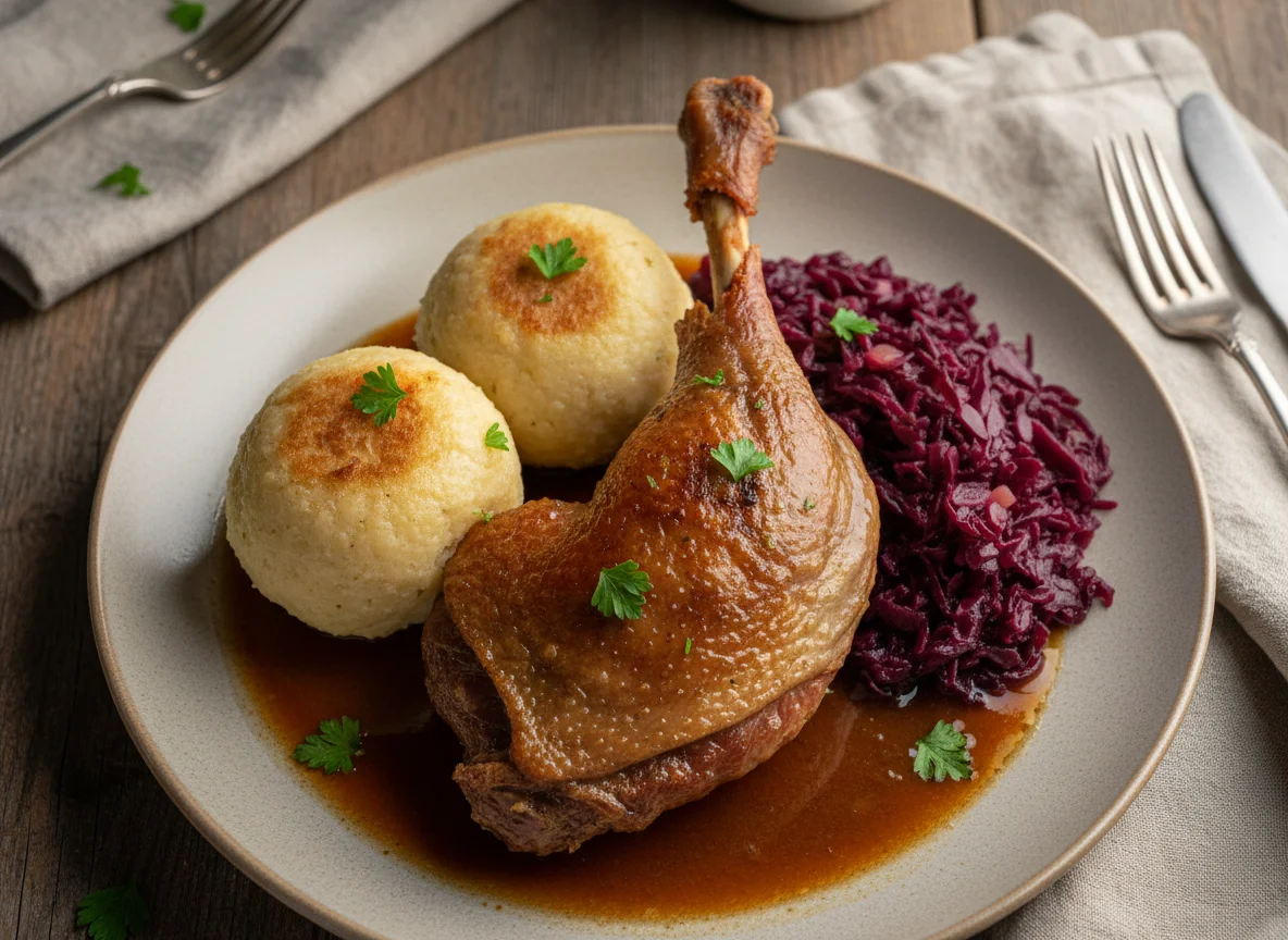 Gänsekeule mit Knödel und Rotkraut photo