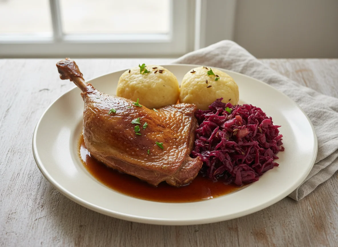 Gänsekeule mit Knödeln und Rotkohl photo