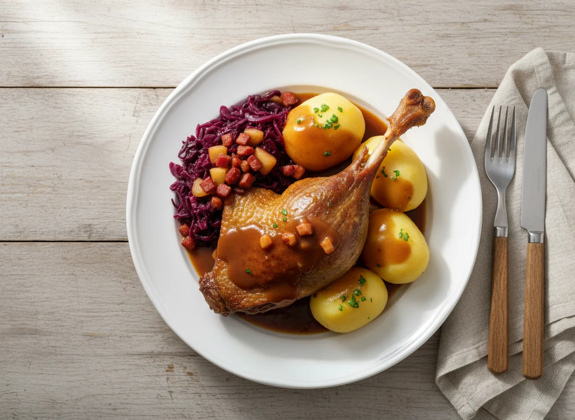 Gänsekeule mit Rotkohl, Klößen und Kartoffeln photo