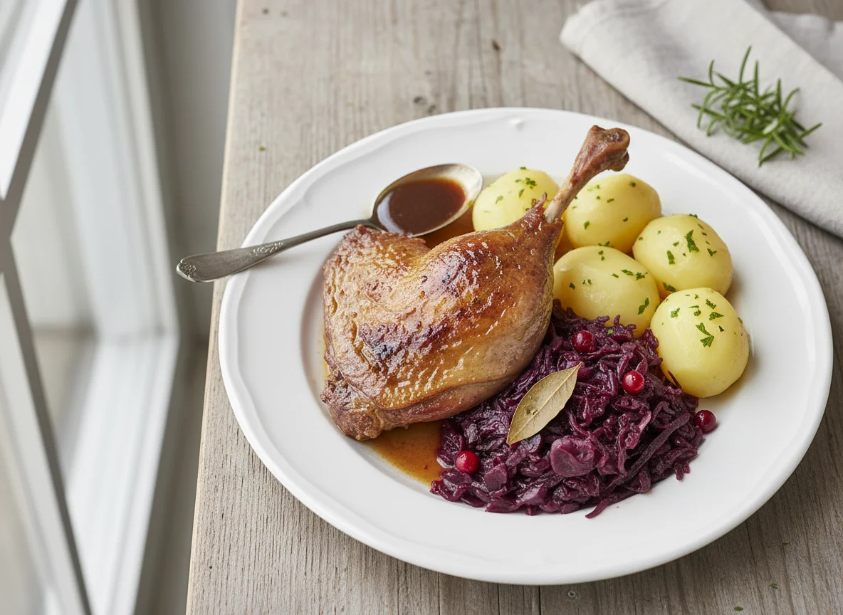 Gänsekeule mit Rotkohl und Kartoffeln photo
