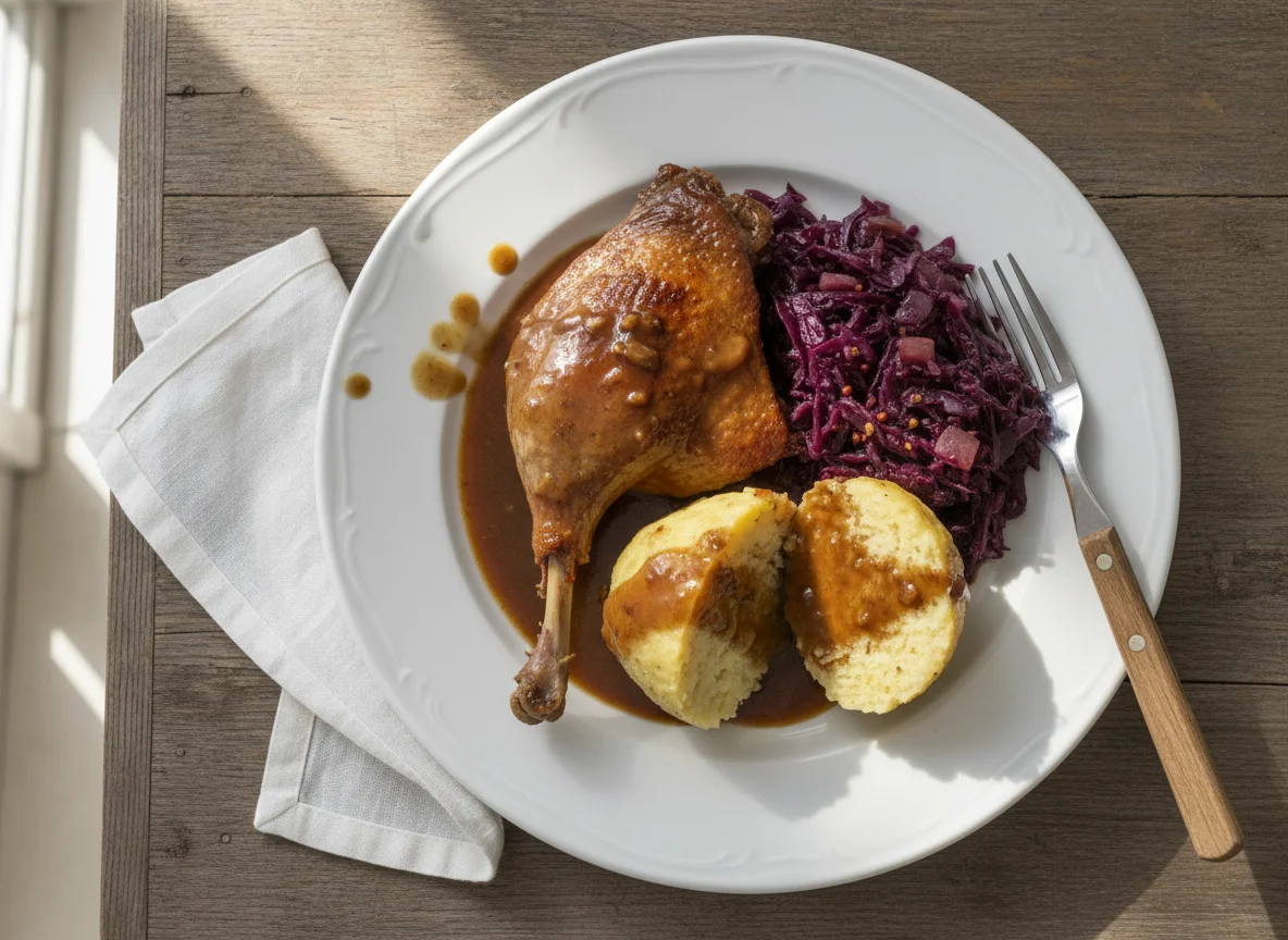 Gänsekeule mit Rotkohl und Kloß photo