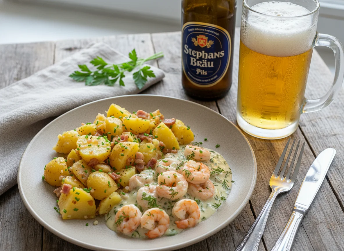 Garnelen in Sahnesauce mit Kartoffelsalat und Bier photo