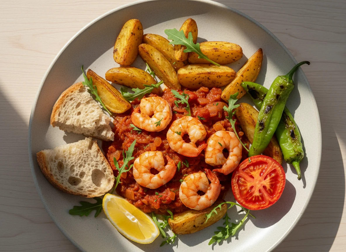 Garnelen in Tomatensauce mit Kartoffelecken photo