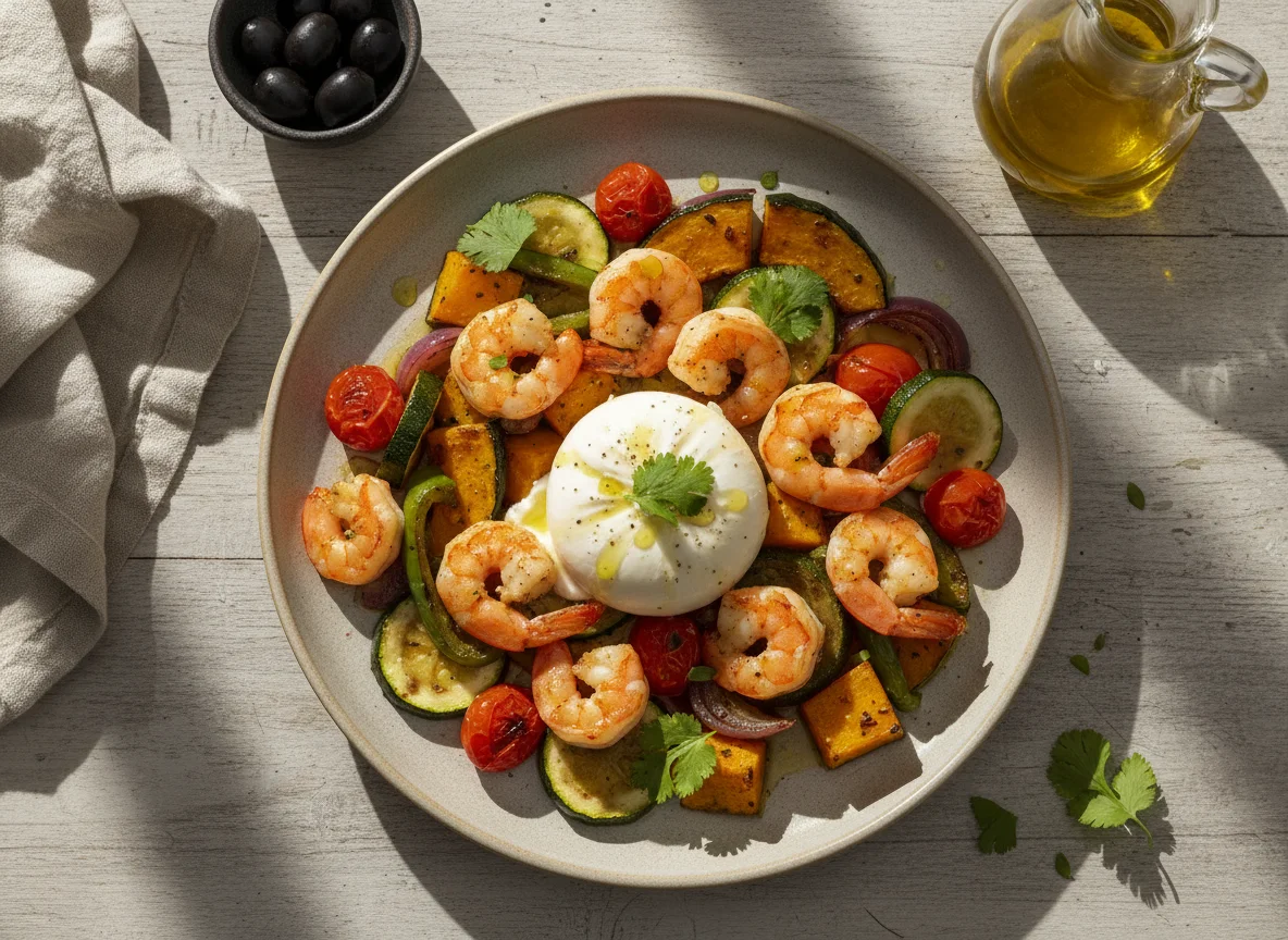Garnelen mit gebratenem Gemüse und Burrata photo