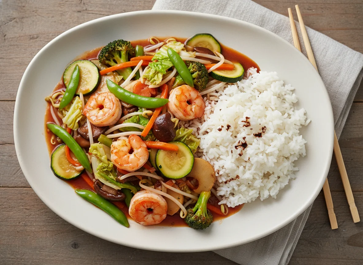 Garnelen mit gebratenem Gemüse und Reis photo