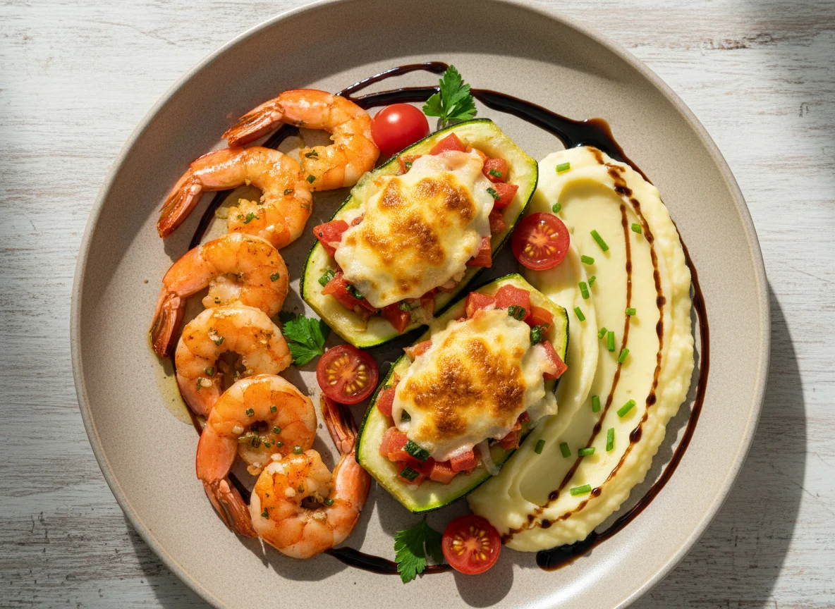 Garnelen mit Kartoffelpüree und gefüllter Zucchini photo