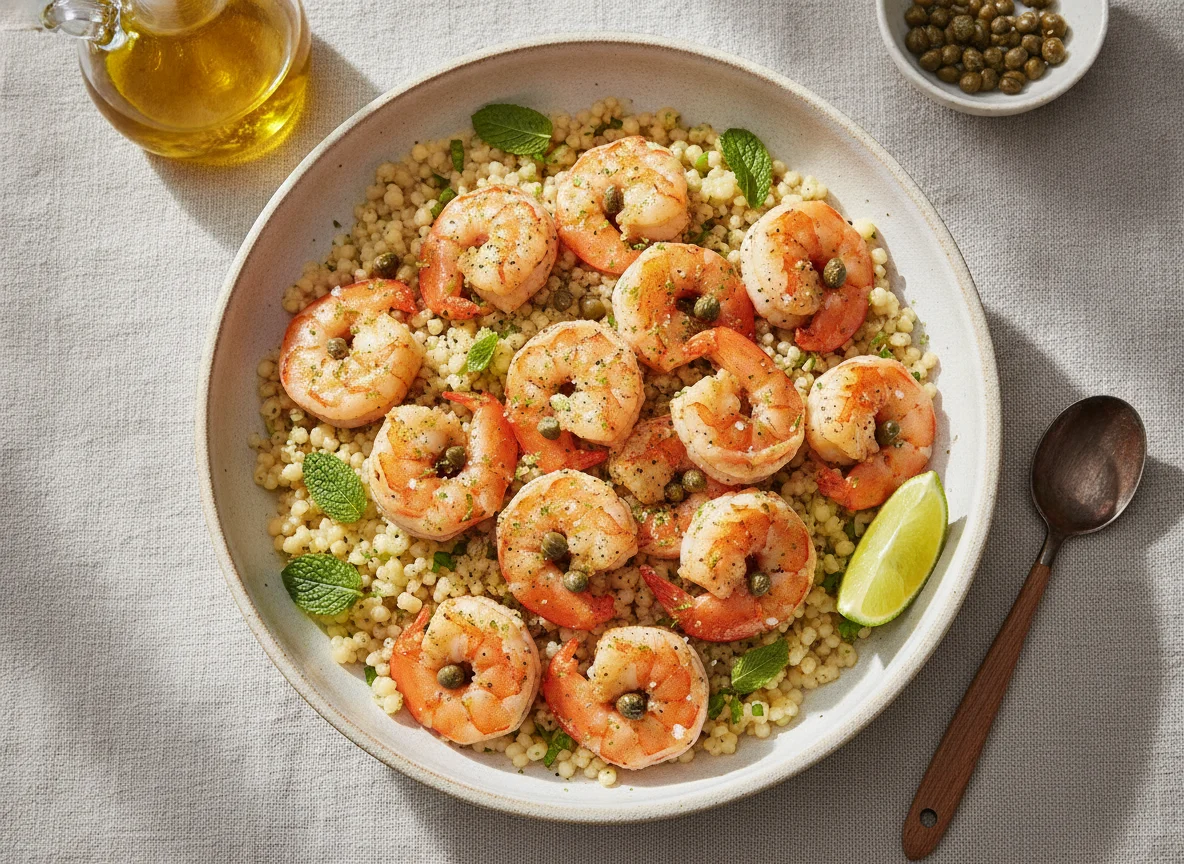 Garnelen mit Perlcouscous und Kräutern photo
