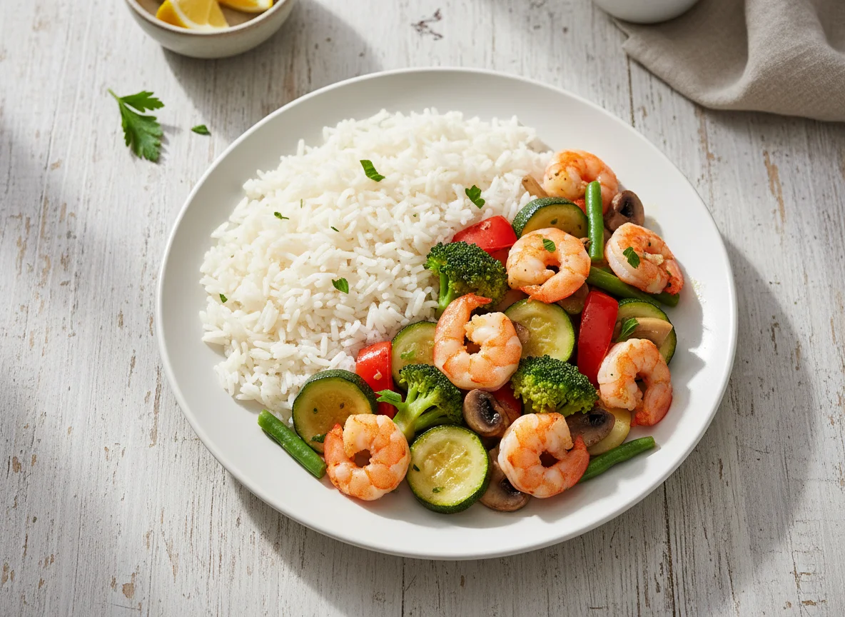 Garnelen mit Reis und gebratenem Gemüse photo
