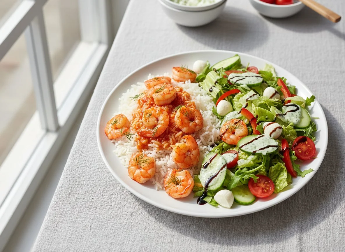 Garnelen mit Reis und Salat photo