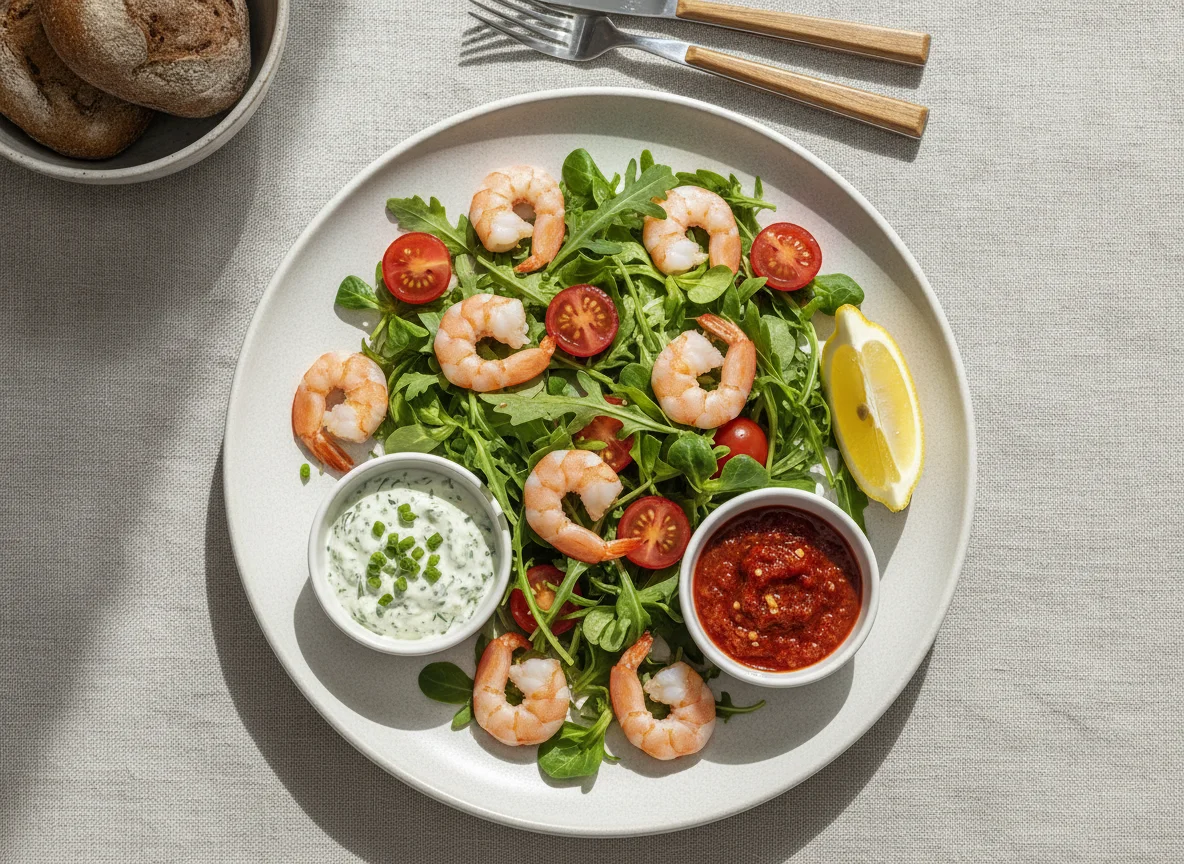 Garnelen mit Salat und Dips photo