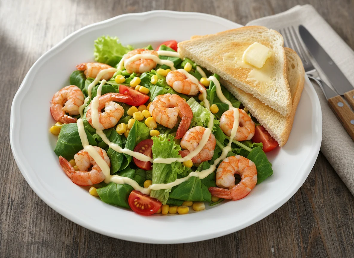Garnelen mit Salat und Toast photo