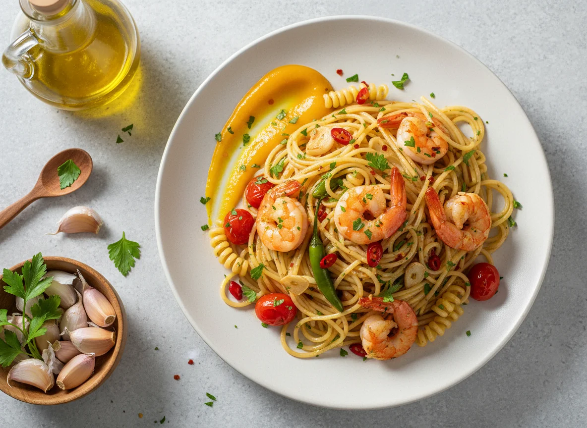 Garnelen mit Spaghetti Aglio e Olio photo