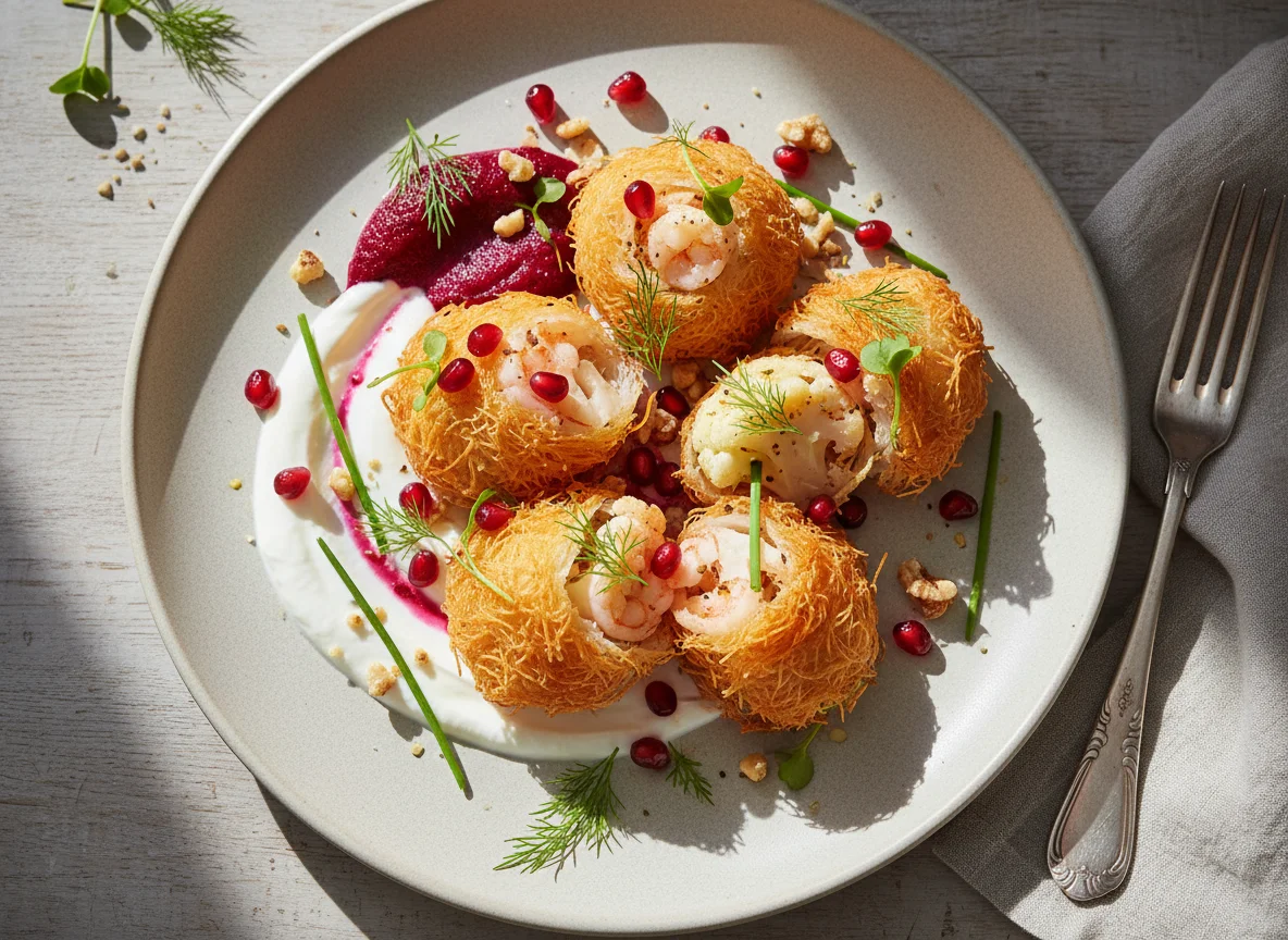 Garnelen und Blumenkohl in Kataifi-Teig mit Granatapfel und Kräutern photo