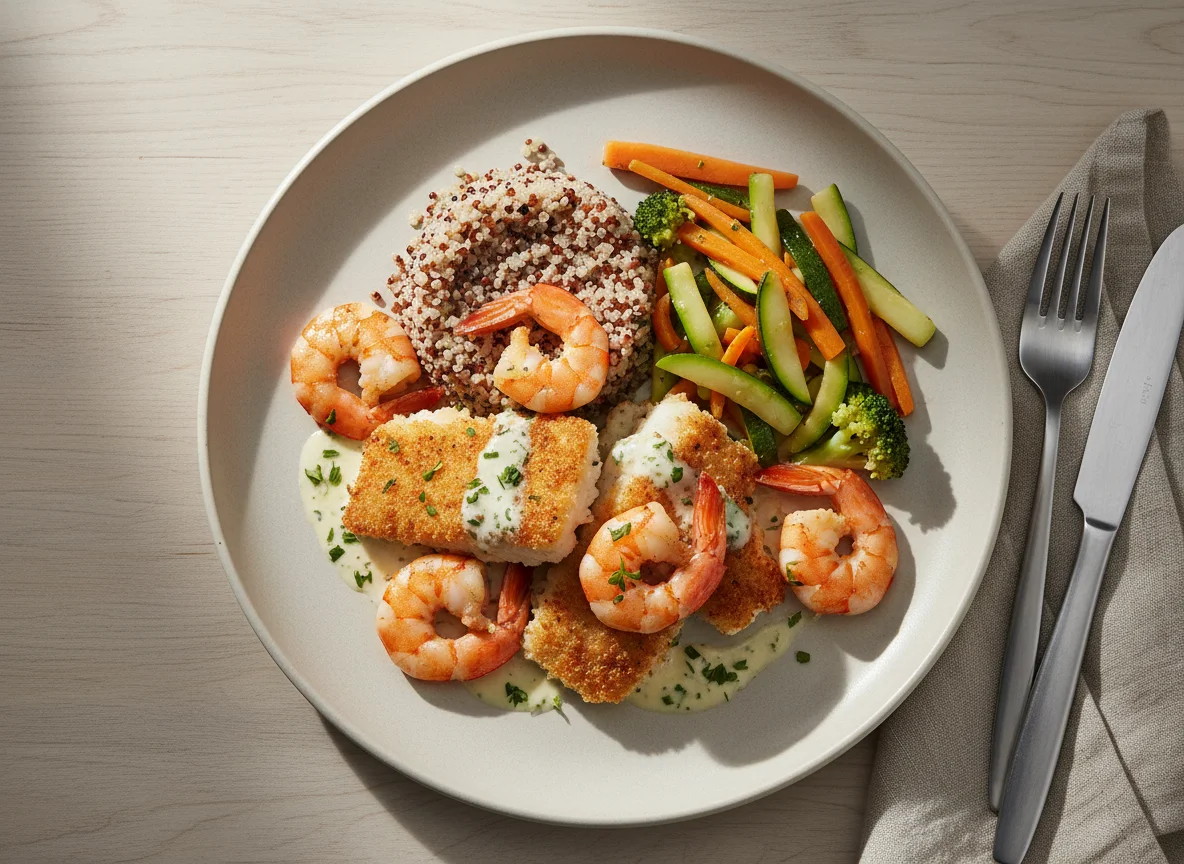 Garnelen- und Fischgericht mit Quinoa und Gemüse photo